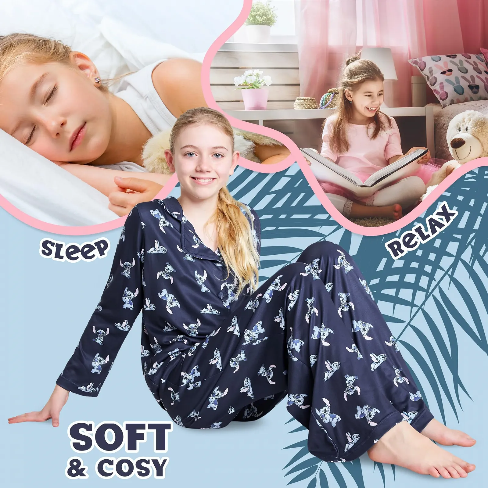 Піжама Disney Stitch для дівчаток з довгим топом на ґудзиках і довгими штанами, фото №5 Піжама Disney Stitch для дівчаток з довгим топом на ґудзиках і довгими штанами, фото №5