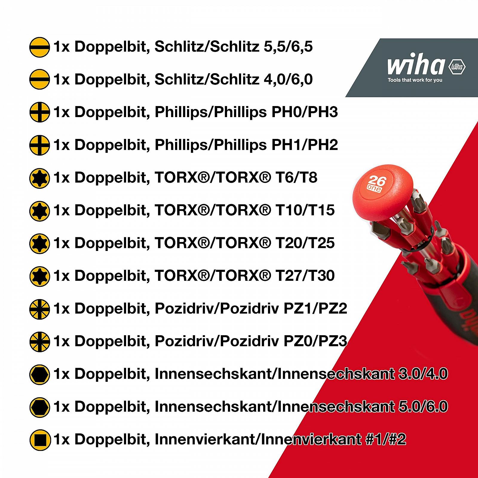 Викрутка Wiha LiftUp 26one® 13 шт з подвійним набором бітів у рукоятці PH PZ Slotted Torx (43895) з відкривачкою SoftFinish® Tool Handle, фото №3