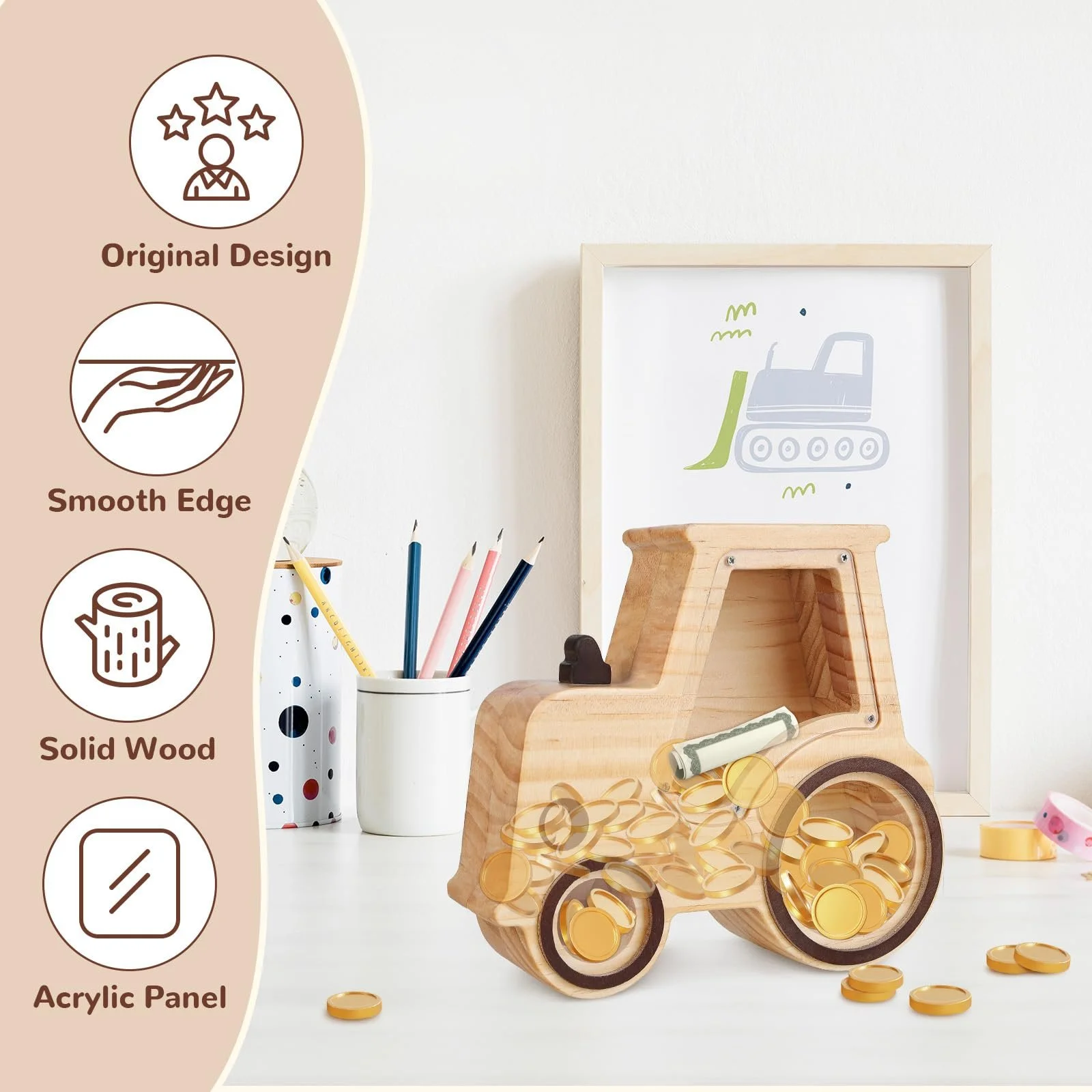 Скарбничка дерев'яна дитяча Трактор з маркером та наклейками, фото №3