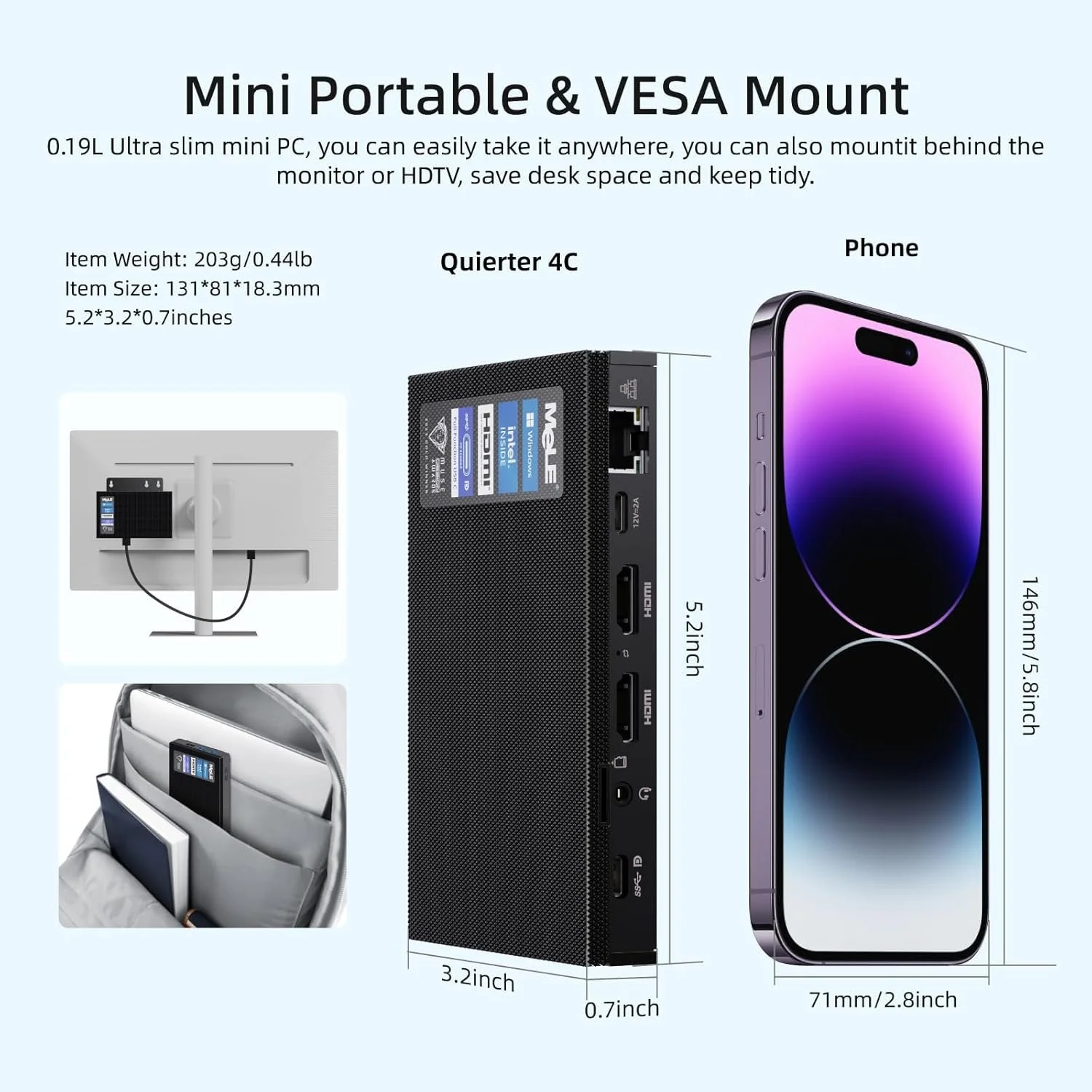 Міні ПК MeLE Quieter 4C F5Q / Intel N100 / RAM 16GB / SSD 512GB / 2 х HDMI / LAN / Wi-Fi 5 / Bluetooth 5.1 / Windows 11 / Black, фото №5 Міні ПК MeLE Quieter 4C F5Q / Intel N100 / RAM 16GB / SSD 512GB / 2 х HDMI / LAN / Wi-Fi 5 / Bluetooth 5.1 / Windows 11 / Black, фото №5