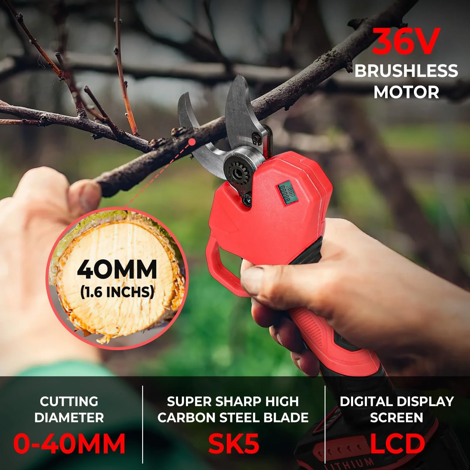 Секатор акумуляторний 900 Вт професійний електричний з РК-дисплеєм, діаметр різання 40 мм, 2 x 7500 мАг 36 В батареї, фото №1