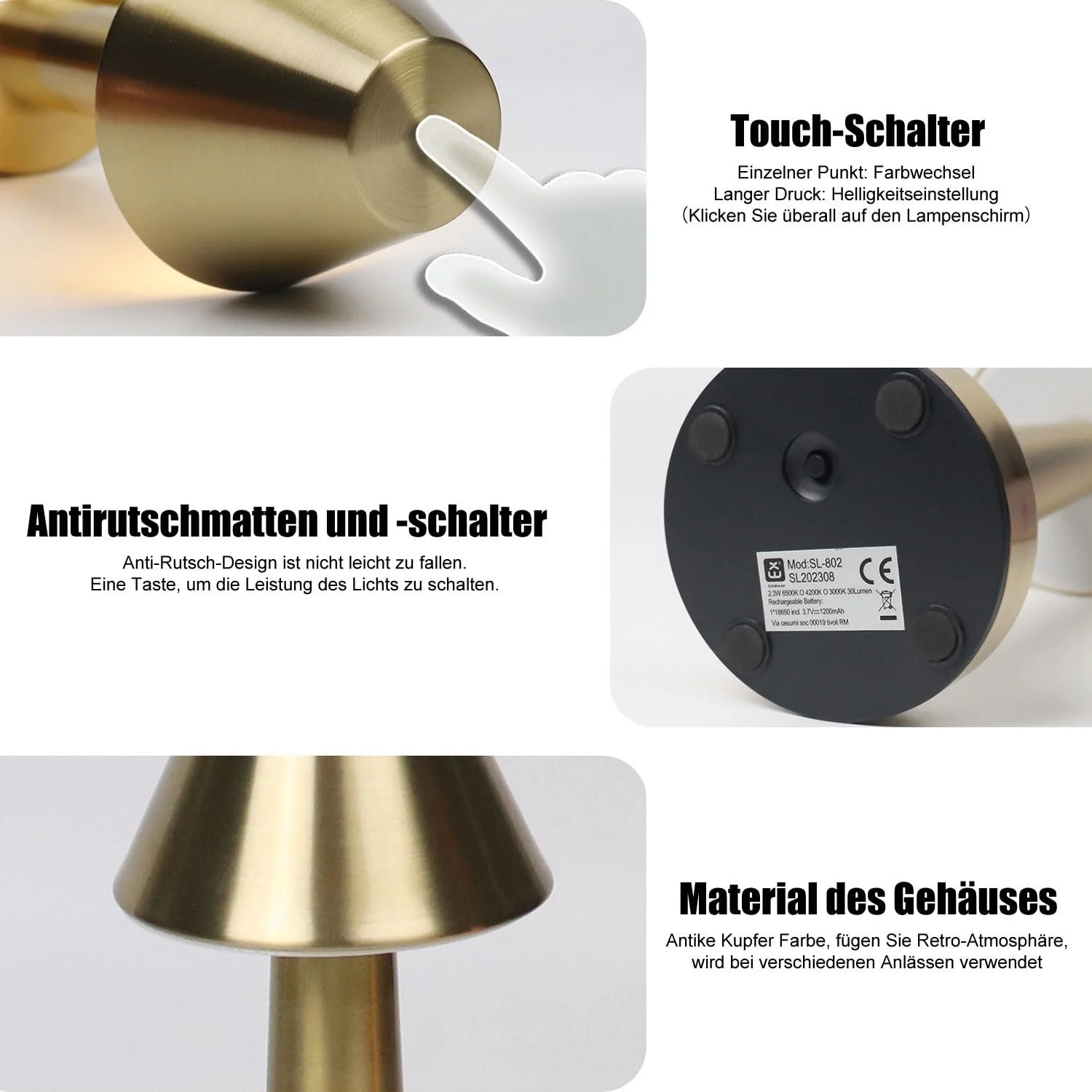 Настільна лампа EXTRASTAR Mushroom LED Сенсорна Акумуляторна Металік, фото №5