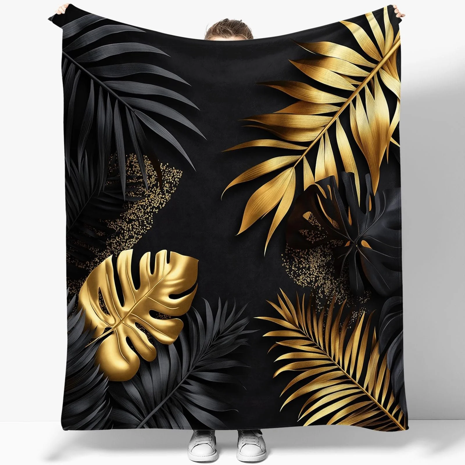Плед Cuddly Теплый Tropical Luxury Monster Leaf Pattern 150 x 200 см Черный Золотой Фланелевый, фото №5