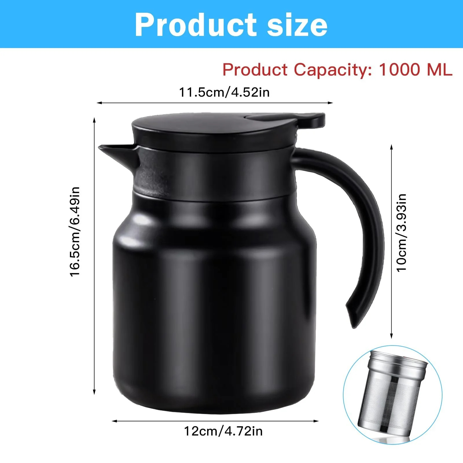 Термос для кави з керамічною вставкою 1000 мл, подвійні стінки, нержавіюча сталь, фото №2