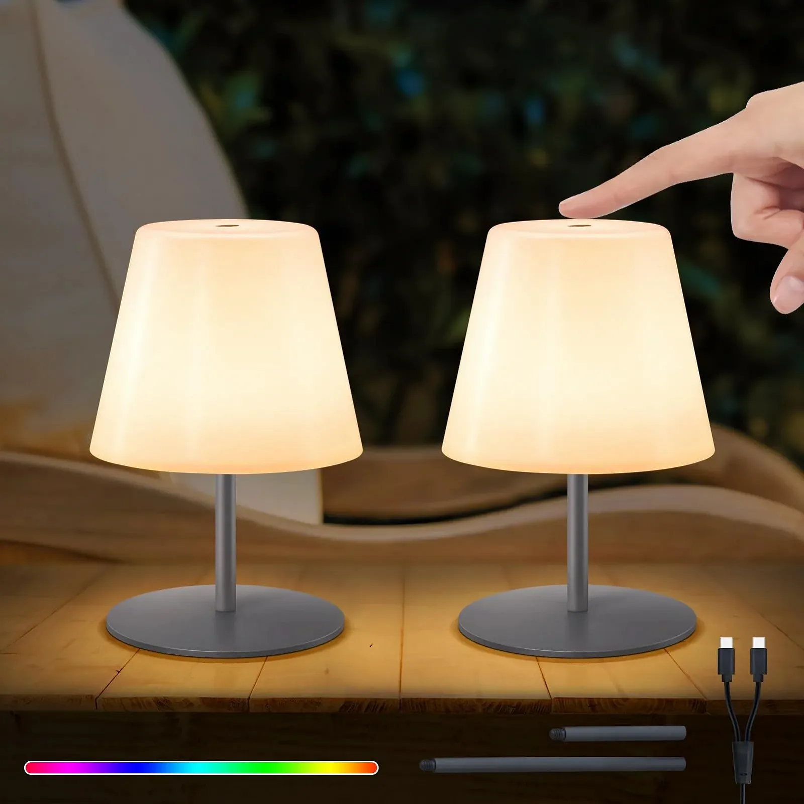 Настільна LED лампа акумуляторна Набір з 2 шт. Touch Dimmable Warm White / RGB USB-C IP44 сіра, фото №1