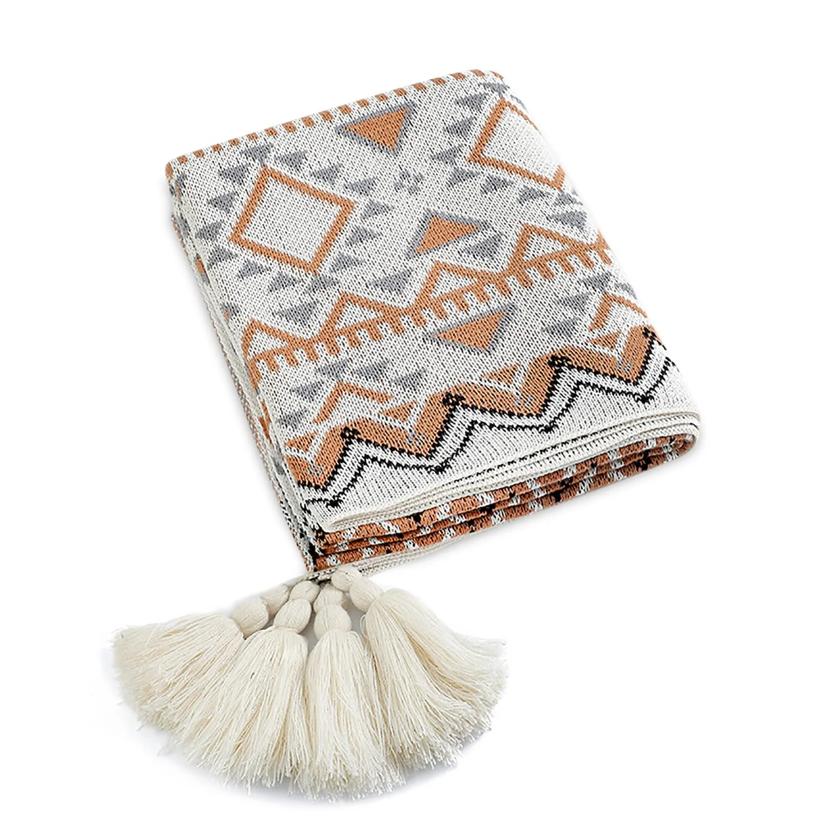 Вязаний плед LumiSyne в Богемному етнічному стилі з геометричним візерунком і бахромою, 170 x 130 см, фото №1