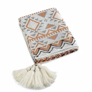 Вязаний плед LumiSyne в Богемному етнічному стилі з геометричним візерунком і бахромою, 170 x 130 см - Фото 1