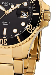 Часы REGENT Мужские Ремешок из нержавеющей стали 40 мм Диаметр 30 Bar Дата Золотой / Черный, Браслет synthetic.ua - Фото 1