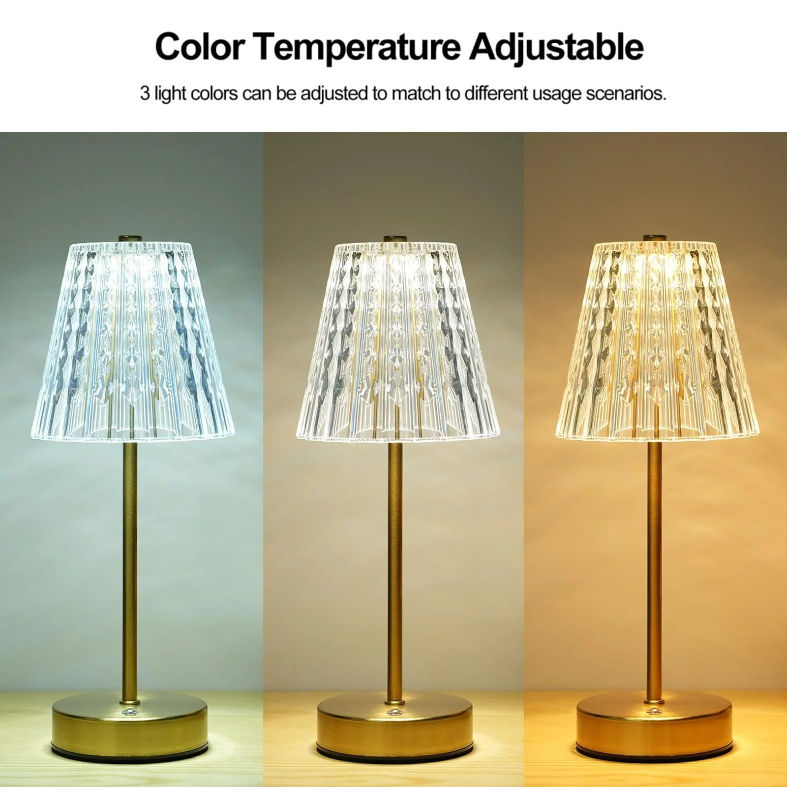 Настільна лампа Lixada Crystal Бездротова Вінтажна 3 кольори LED Сенсорна Акумуляторна Золота, фото №4