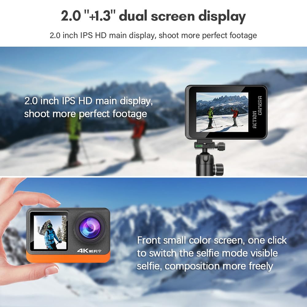 Action Cam Andoer 4K 24MP Водонепроникна Екшн-камера з 2.0 Inch Touch Control Screen Dual Screen 170° Широкий Кут З підтримкою прямих трансляцій з UV Filter Waterproof Housing Adapters, фото №4