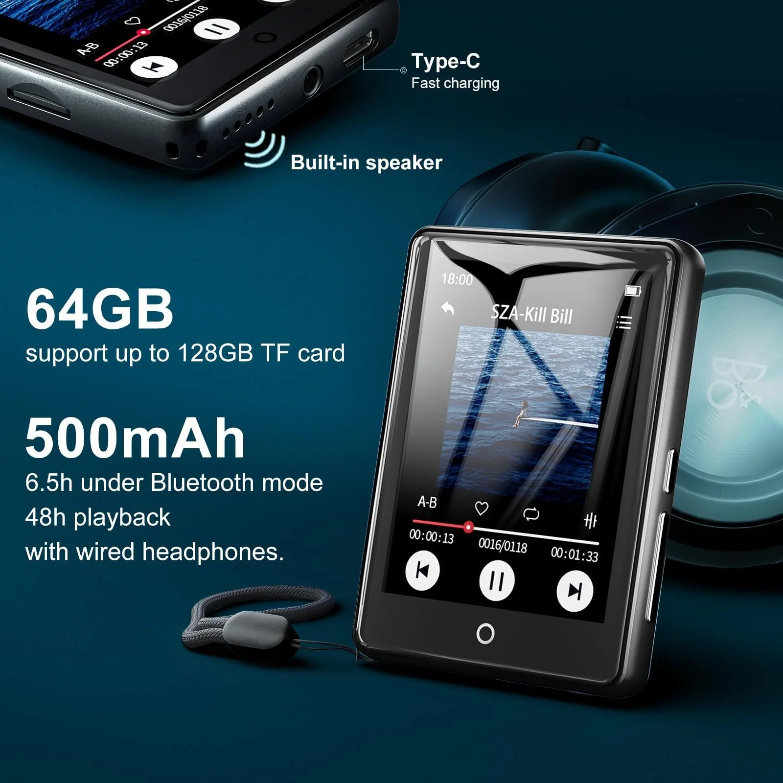 MP3 плеєр 64GB Bluetooth 5.3, 2.8-дюймовий сенсорний екран, портативний HiFi, з динаміком, 18 заспокійливих звуків, до 45 годин автономної роботи, FM-радіо, підтримка 128GB, фото №8