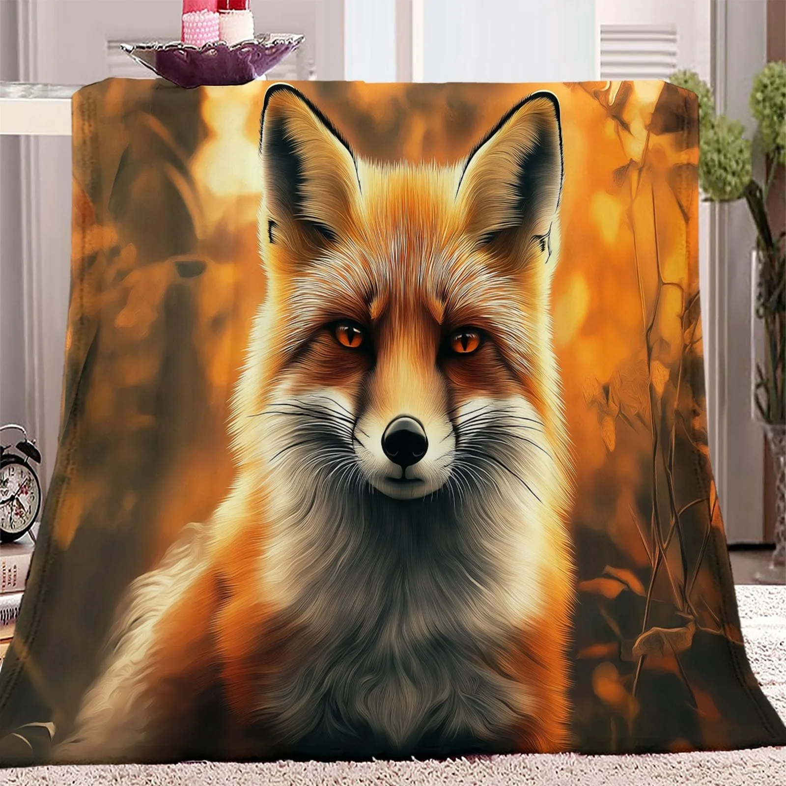 Одеяло Флисовое Мягкое Теплое С Мотивом Лисы, Лесных Листьев 180 x 220 см Коричневое, фото №1