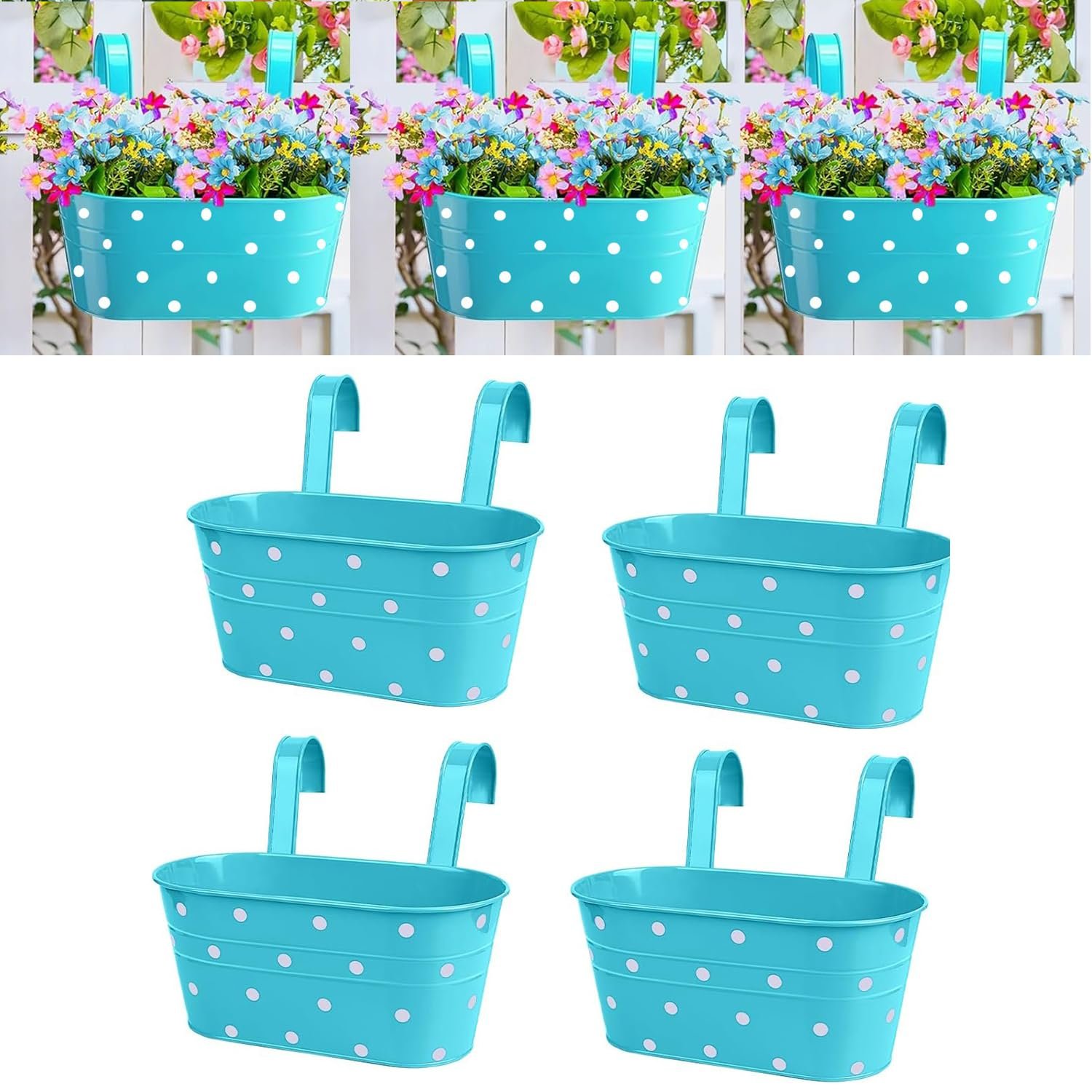 Підвісні кашпо для перил 4 шт. залізні овальні з дренажними отворами Сині, фото №1