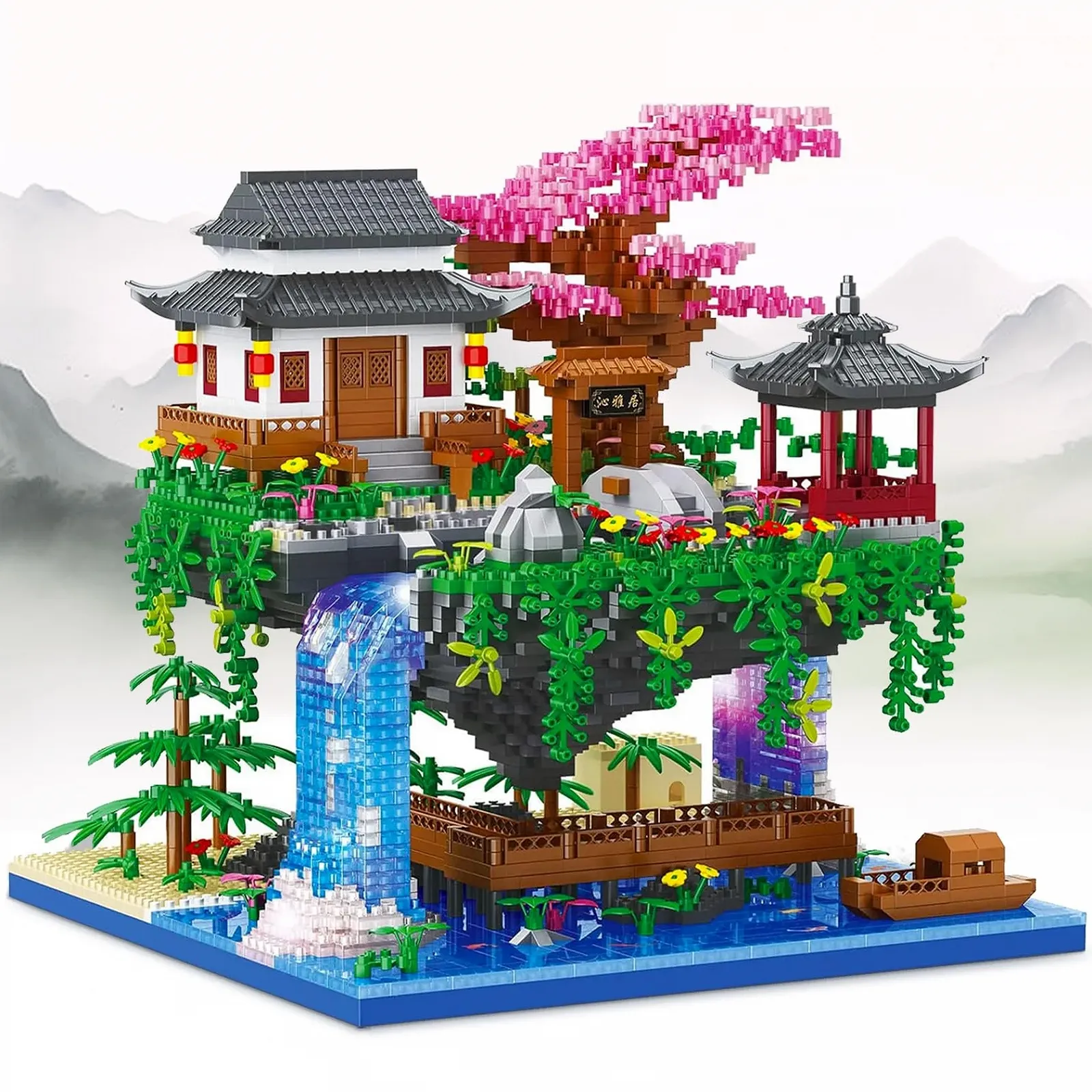 Конструктор HIGH GODO Цветы Персиковый пруд Ботанический дом с LED, 3320 деталей Микро Строительные блоки Архитектура Домик на дереве Садовая модель, Креативный подарок с зажимами для подростков Взрослых Женщин, фото №1