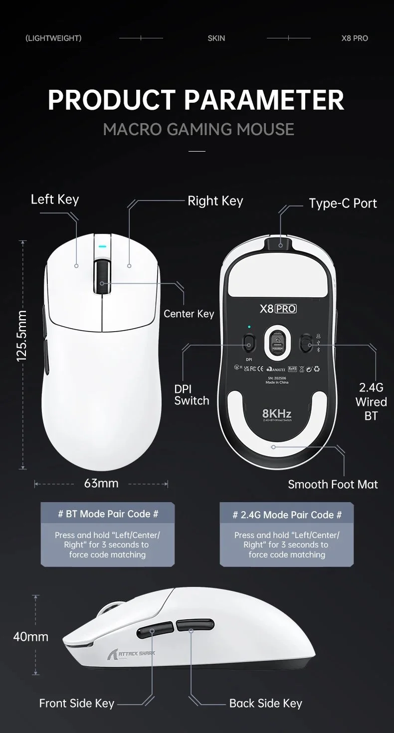 Ігрова миша Attack Shark X8Pro Black PAW3395Pro 40000DPI 700IPS 60G 8000Hz, фото №13 Ігрова миша Attack Shark X8Pro Black PAW3395Pro 40000DPI 700IPS 60G 8000Hz, фото №13
