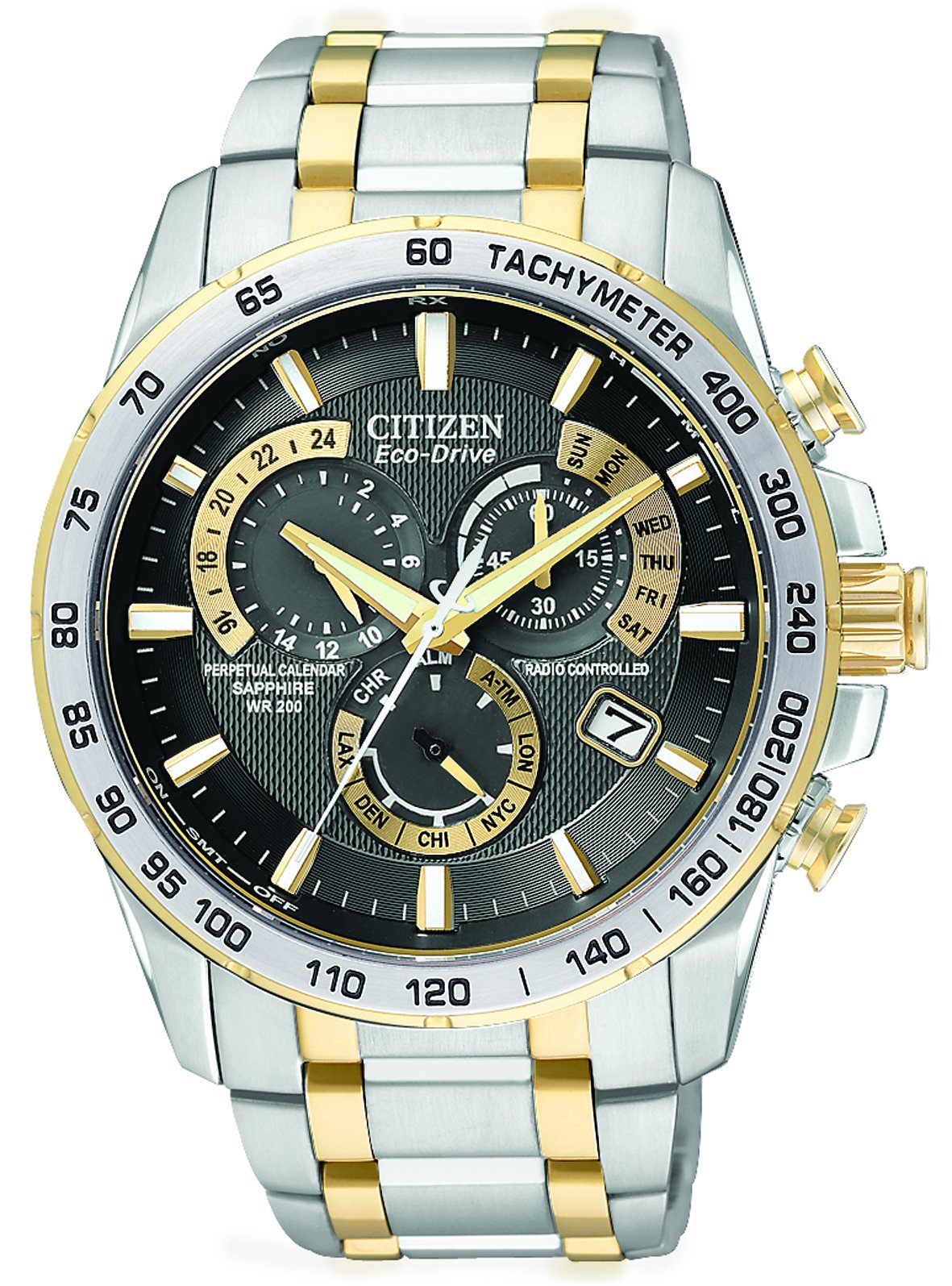 Чоловічий годинник Citizen Eco-Drive Chronograph AT4004-52E, чорний циферблат, двоколірний браслет з нержавіючої сталі, фото №1