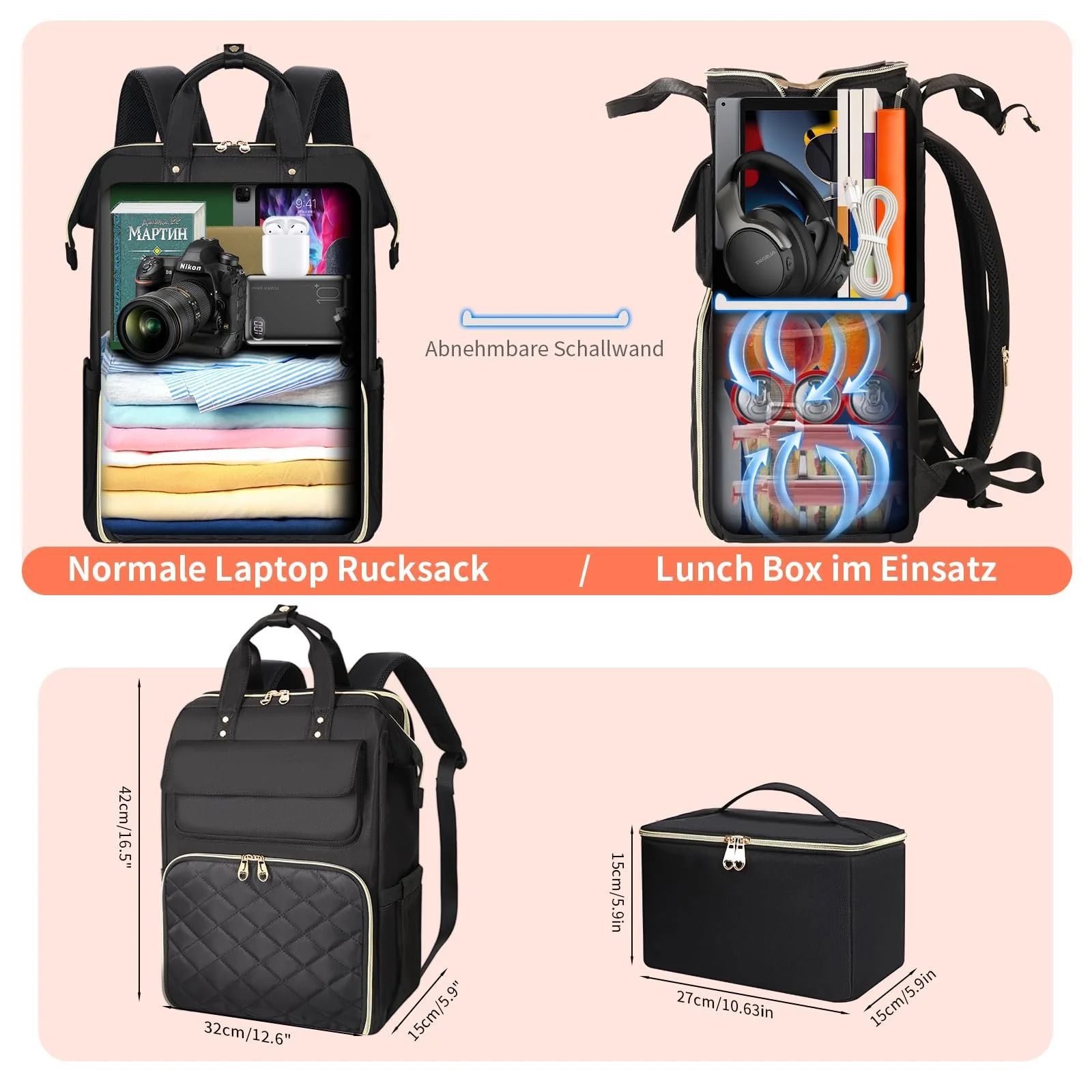 Рюкзак для ноутбука та ланч-боксів BERTASCHE 17.3 Inch 2-в-1 з термосумкою Чорний/Бежевий, фото №2 Рюкзак для ноутбука та ланч-боксів BERTASCHE 17.3 Inch 2-в-1 з термосумкою Чорний/Бежевий, фото №2