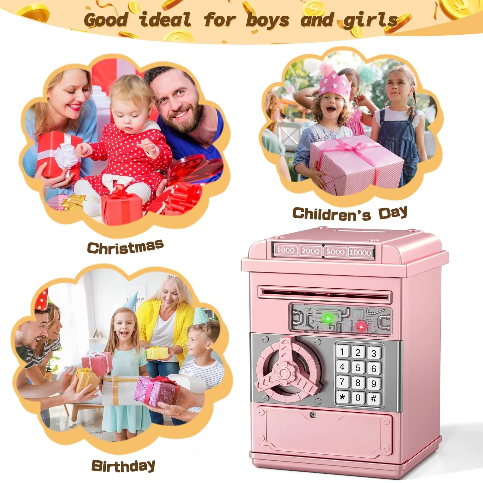 Скарбничка-сейф Електронна з паролем Банкомат Рожеве золото, фото №6