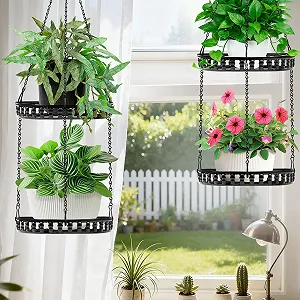 Подвесная корзина Двухслойная из черного металла для растений в помещении и на улице synthetic.ua - Фото 1