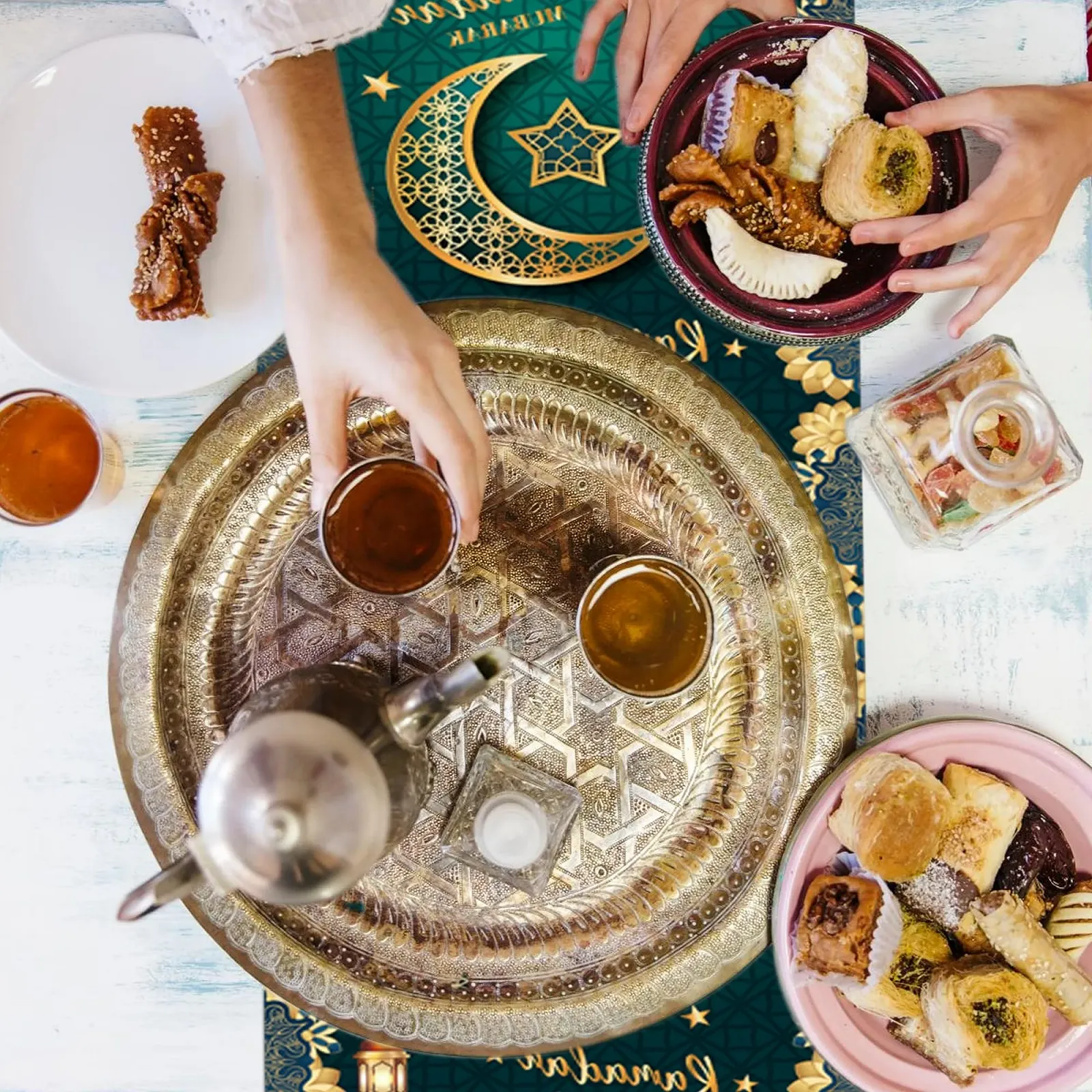 Ранер Ramadan Eid Mubarak Візерунок Місяць та Зірки 275 x 35 см Набір з 6 штук Зелений, фото №4