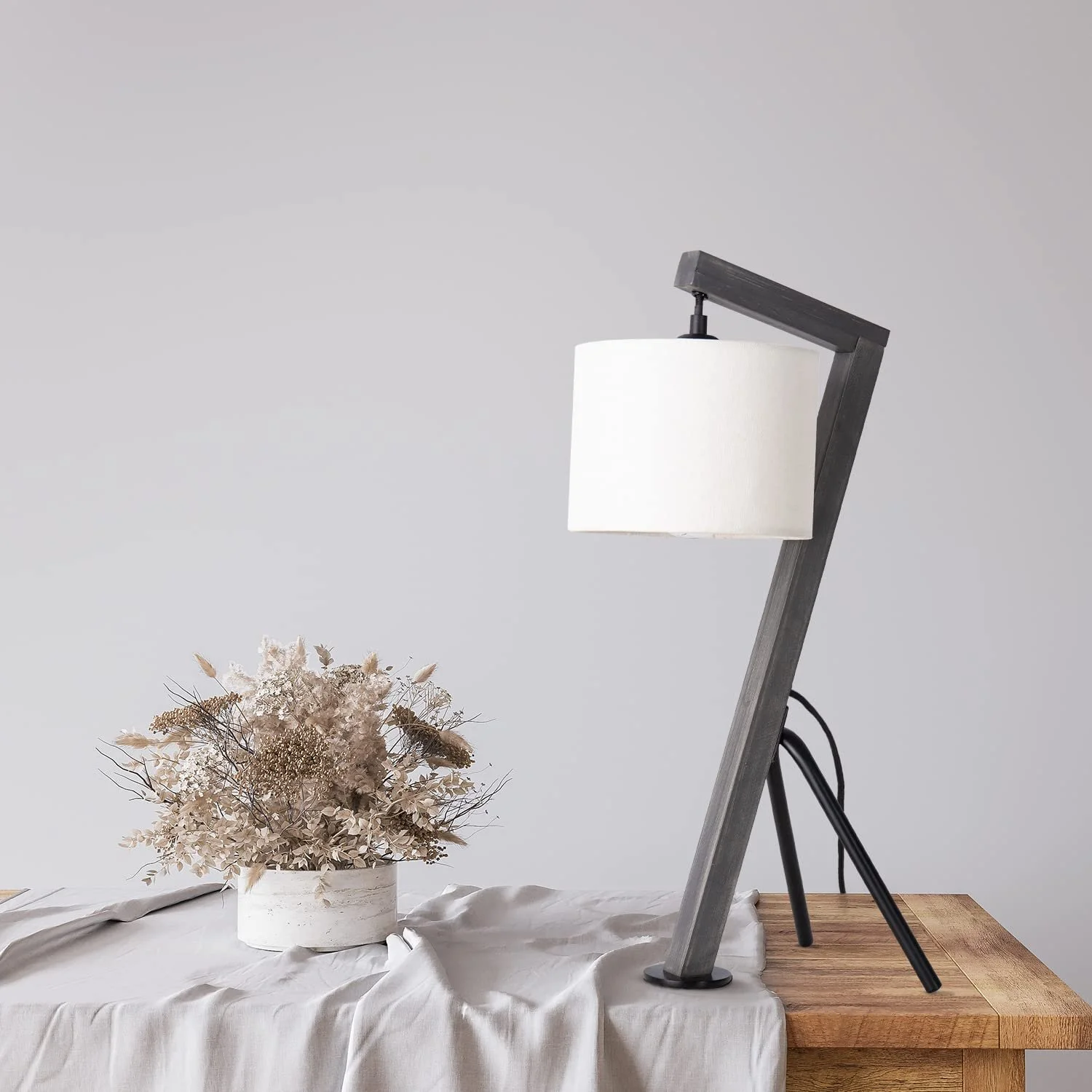 Настільна лампа Paco Home ретро E27 дерев'яна з тканинним абажуром сірий/білий, фото №3