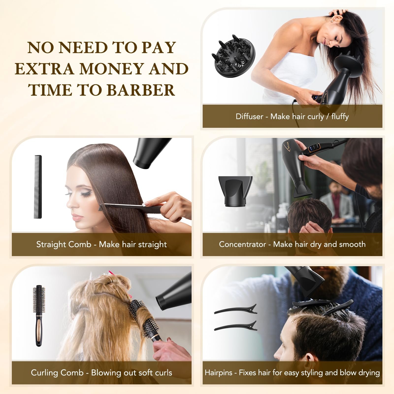 Фен GLAM Professional, 2300 Вт, AC мотор, 2 скорости, 3 нагрева, кнопка холодного обдува, диффузор и концентратор, фото №6