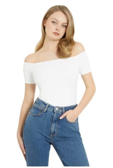 Женская футболка GUESS - Off-The-Shoulder Ribbed Top - Белая - S, фото №4