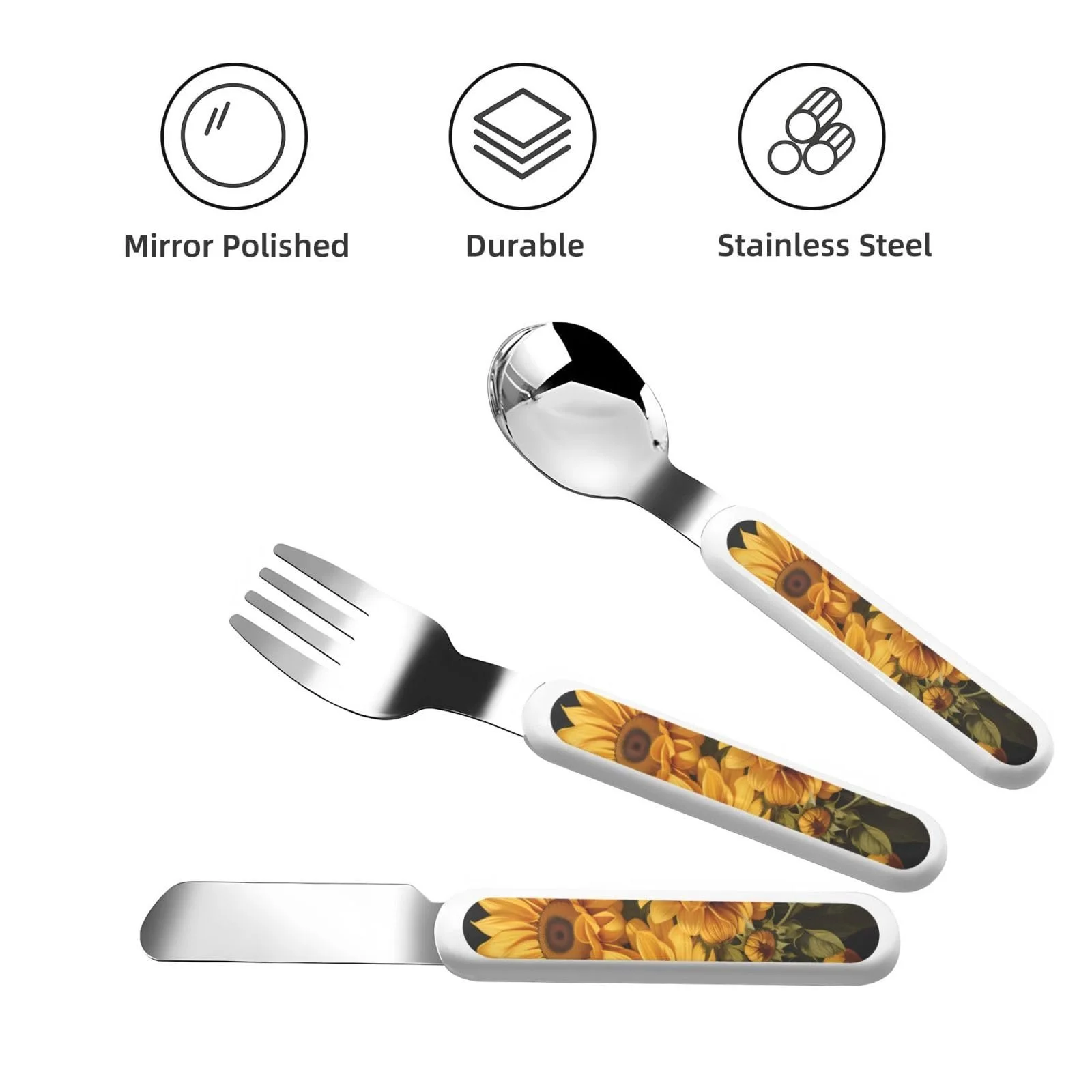 Набір дитячих столових приборів з жовтим соняшником, три предмети, фото №2 Набір дитячих столових приборів з жовтим соняшником, три предмети, фото №2