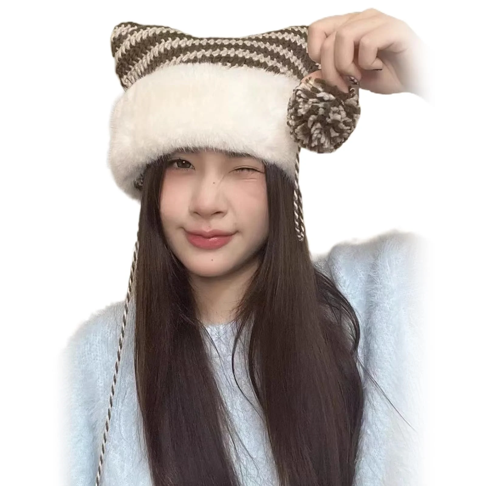 В'язана тепла смугаста шапка з котячими вушками Ldabrye, фото №1 В'язана тепла смугаста шапка з котячими вушками Ldabrye, фото №1