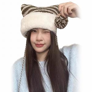 Вязаная теплая полосатая шапка с кошачьими ушками Ldabrye - Фото 1