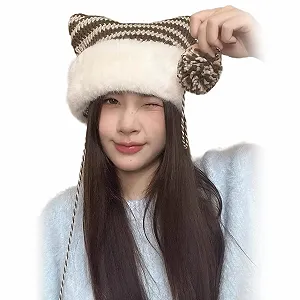 Вязаная теплая полосатая шапка с кошачьими ушками Ldabrye - Фото 1