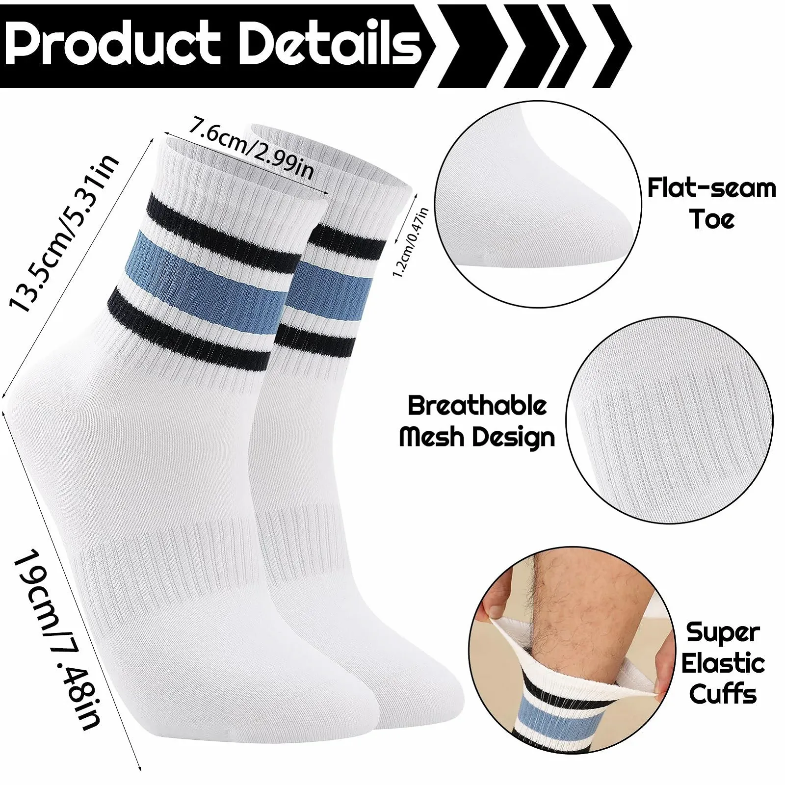 Спортивные носки Белые в полоску 6 пар, размер 38-42, фото №2