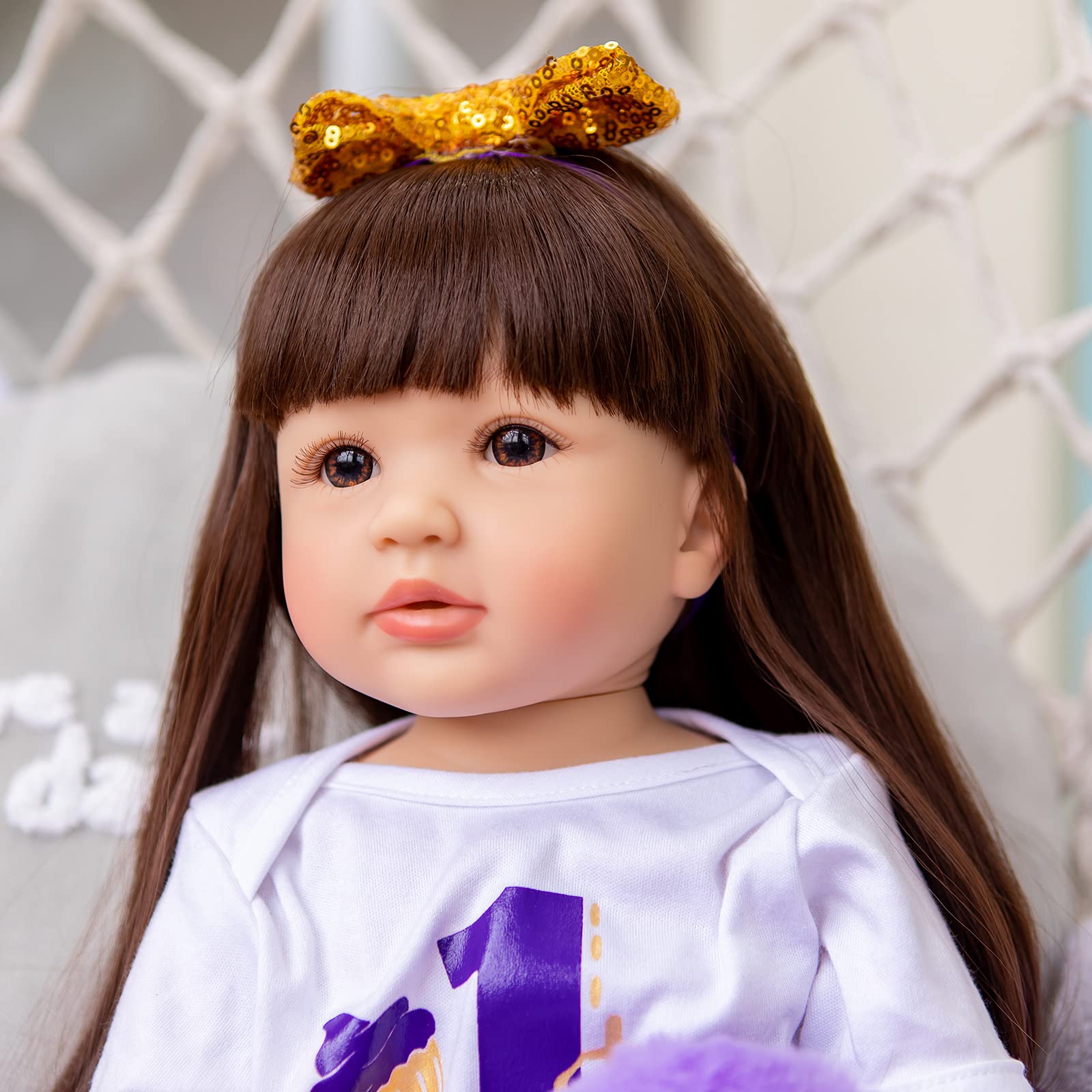 Кукла MineeQu 22 Inch Handmade Long Brown Hair Reborn Baby Doll Silicone Vinyl Anatomically Correct Girl Gift Set, фото №5