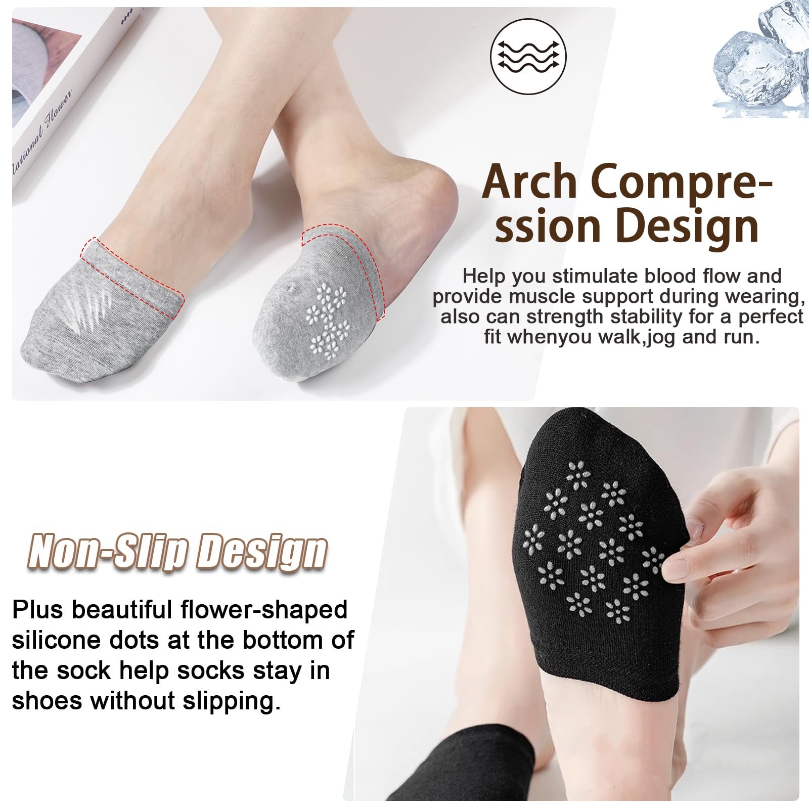 Носки для пальцев ног Хлопковые для женщин, поглощающие пот, невидимые полуноски с нескользящим силиконом для мюли, босоножек и туфель на высоких каблуках, 6 шт, фото №4