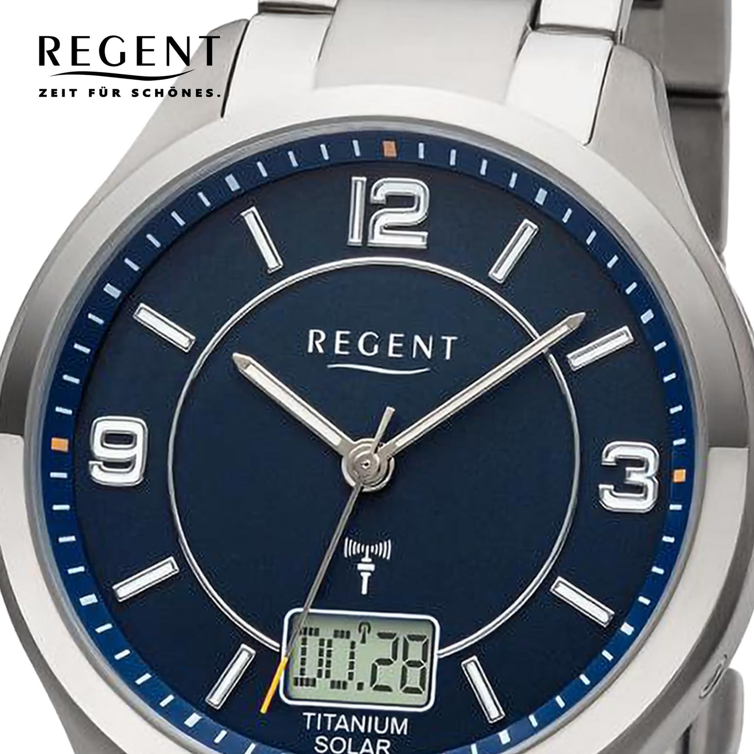 Годинник Regent BA-714 для чоловіків з сонячним живленням та радіокеруванням титан діаметр 42 мм сріблясто-блакитний браслет, фото №2