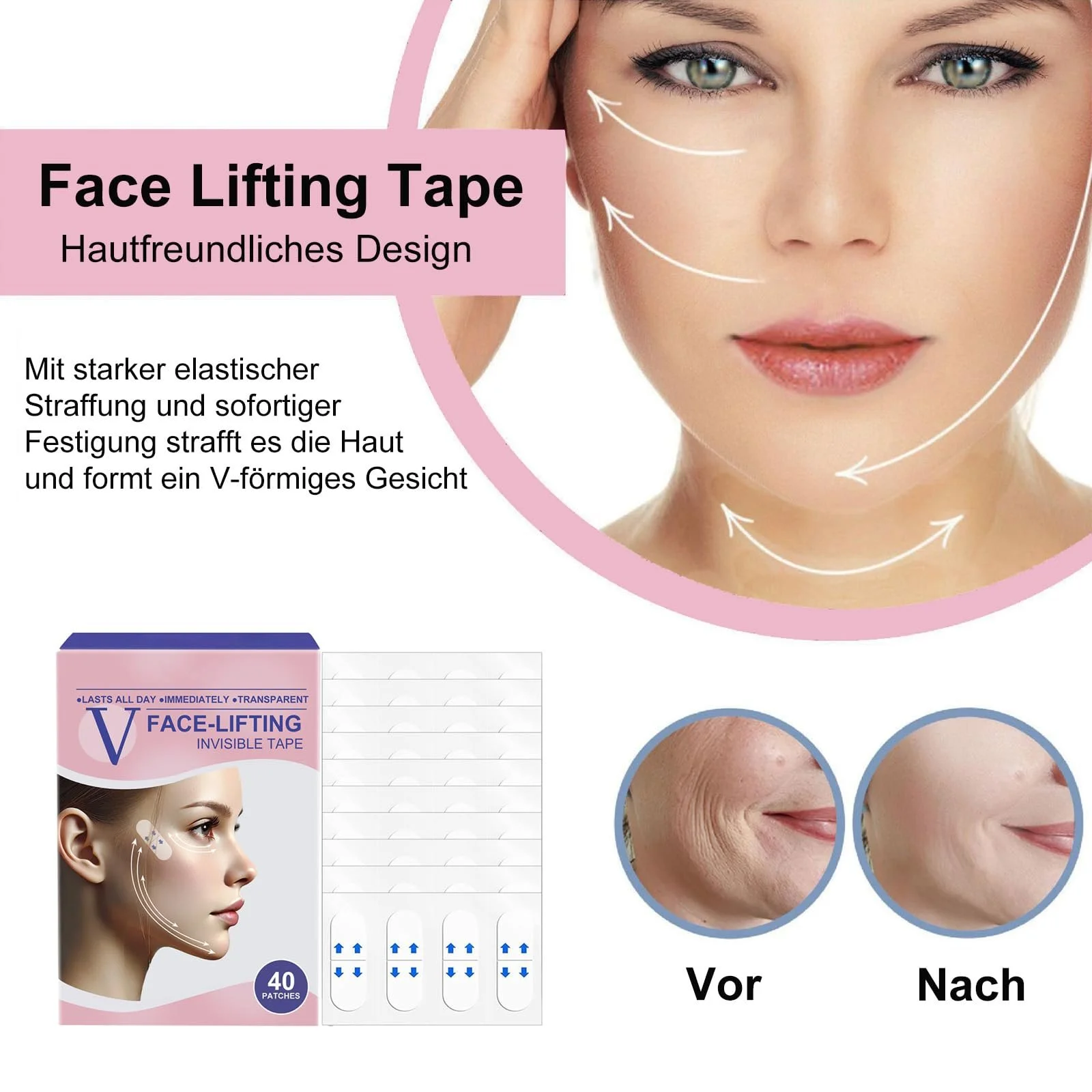 Стрічки для підтяжки обличчя 40 шт, невидима стрічка для підтяжки обличчя для V-подібної форми, фото №2