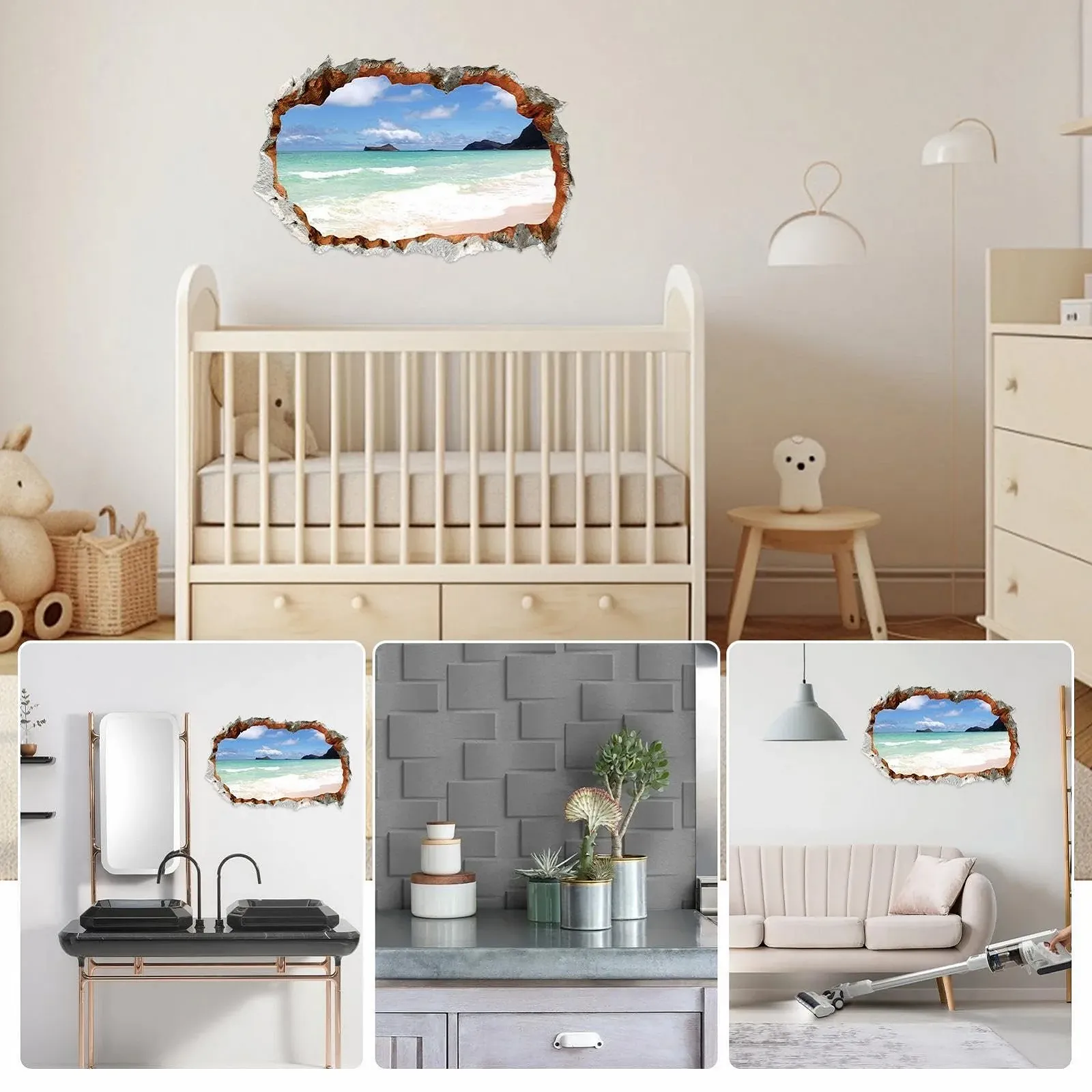 Наклейка на стіну Пляжна сцена 3D ефект розбитої стіни для спальні, фото №4