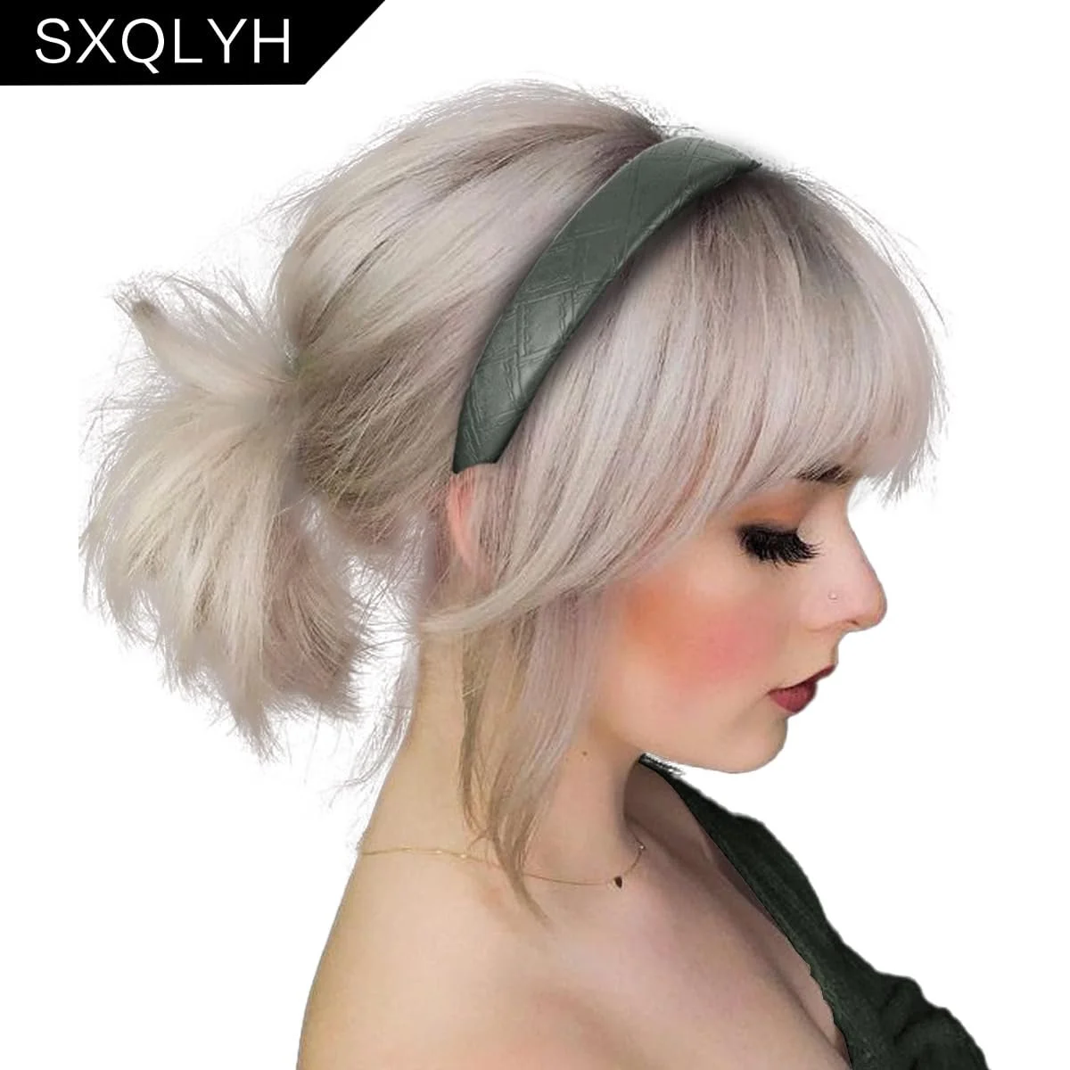 Обруч на голову жіноча, широка, зі штучної шкіри, м'яка, ретро стиль, зелена, фото №4