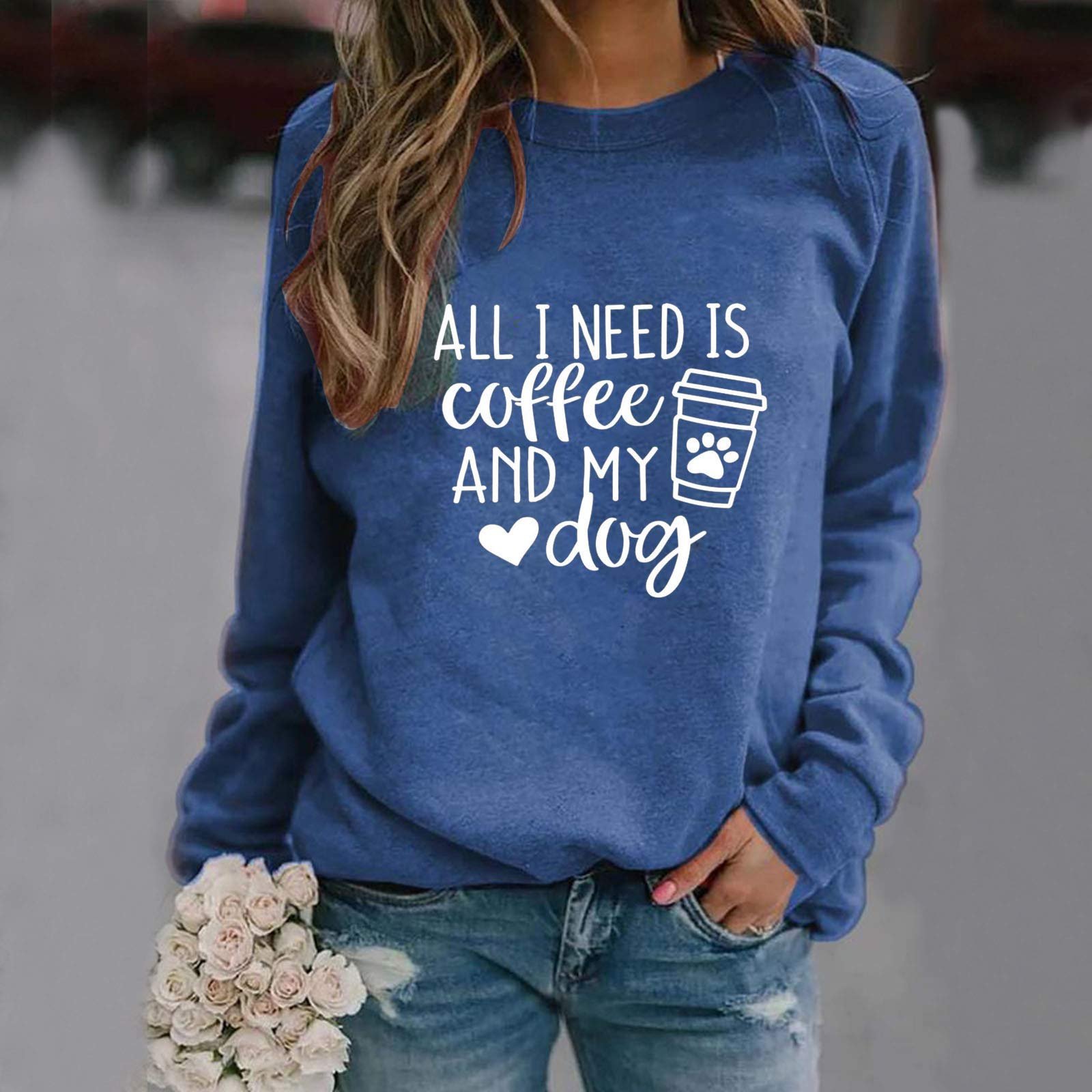 Женский Свитер All I Need Is Coffee and My Dog Свободный Однотонный Круглый вырез, фото №2