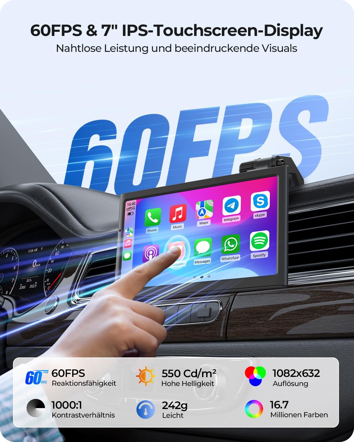 Дисплей для автомобиля Krunia 7 дюймов беспроводной портативный 60FPS Apple CarPlay и Android Car, альбомный и портретный формат, Mirror Link, Bluetooth, голосовое управление, GPS-навигация, опциональная камера заднего вида, фото №3
