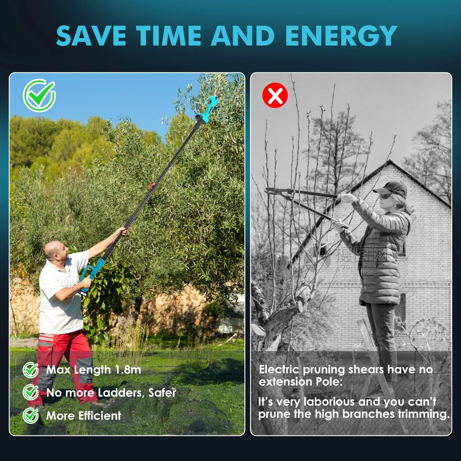 Секатор електричний телескопічний зі штангою 170 см, 33 мм 2-в-1 з 21 V, 2 x 2000 mAh акумуляторами, фото №4