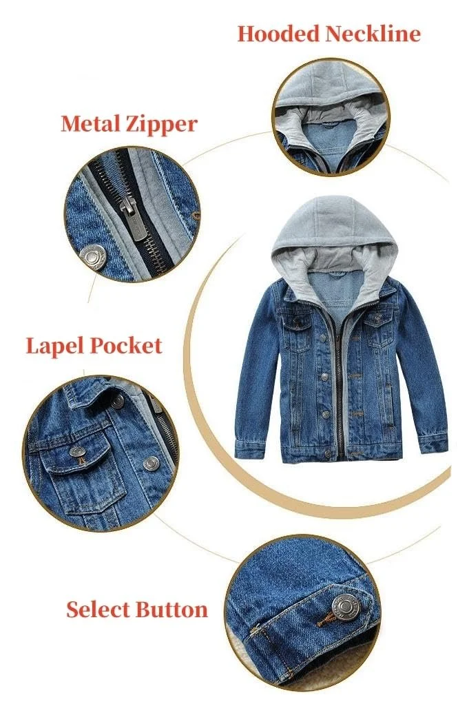 Унисекс Детская Джинсовая Куртка для Мальчиков Повседневная Джинсовая Куртка с Капюшоном Длинный Рукав на Молнии Верхняя Одежда, фото №4 Унисекс Детская Джинсовая Куртка для Мальчиков Повседневная Джинсовая Куртка с Капюшоном Длинный Рукав на Молнии Верхняя Одежда, фото №4