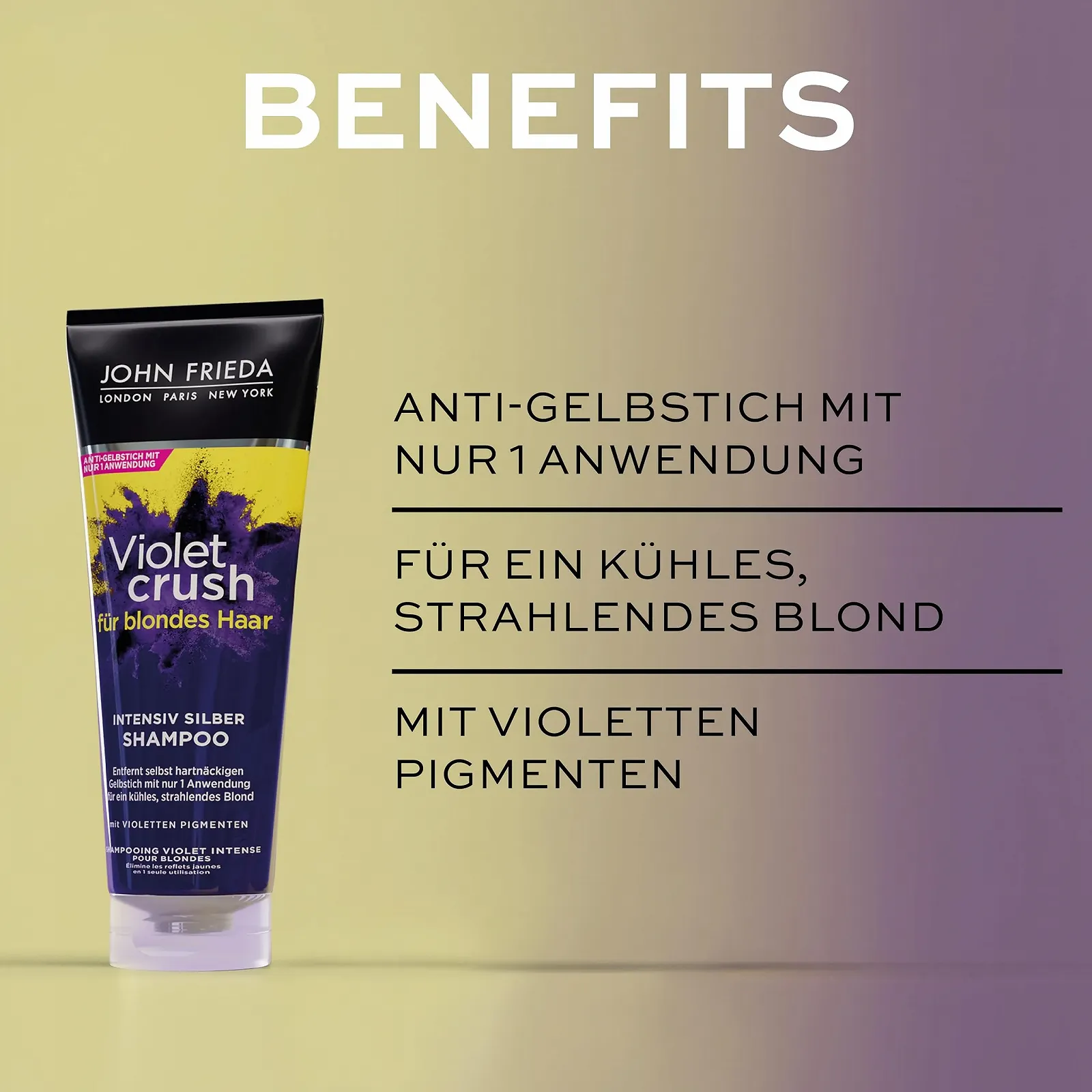 Шампунь John Frieda Violet Crush Intensive Silver для нейтрализации желтых и оранжевых оттенков с фиолетовыми пигментами 250 мл, фото №4 Шампунь John Frieda Violet Crush Intensive Silver для нейтрализации желтых и оранжевых оттенков с фиолетовыми пигментами 250 мл, фото №4