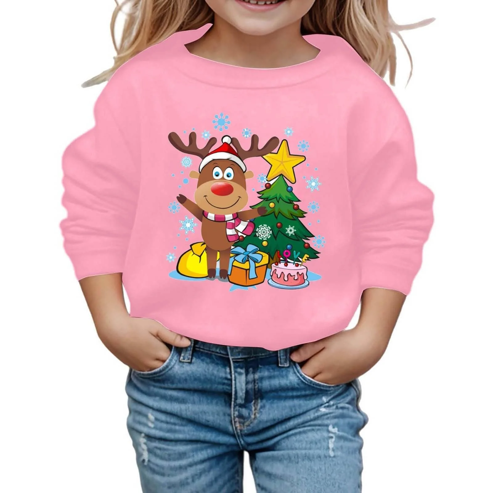 Толстовка для девочки с принтом, с длинными рукавами и круглым вырезом, флисовый пуловер, мягкая, повседневная, для зимних каникул, топ, игривая графическая футболка для детей ясельного возраста, фото №1