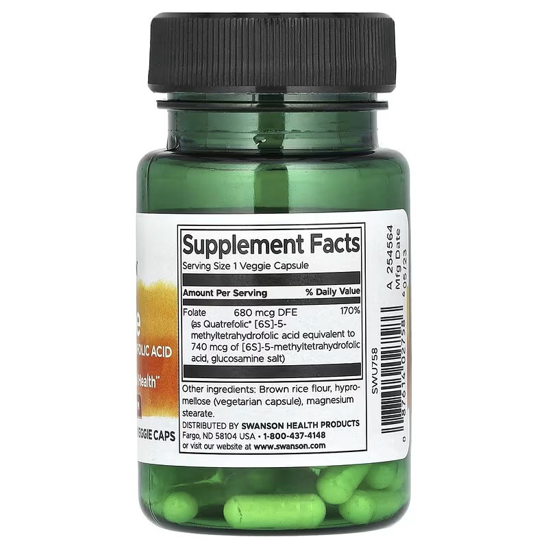 Фолиевая кислота Swanson Folate 5-Methyltetrahydrofolic Acid 680 mcg 30 вегетарианских капсул, фото №2
