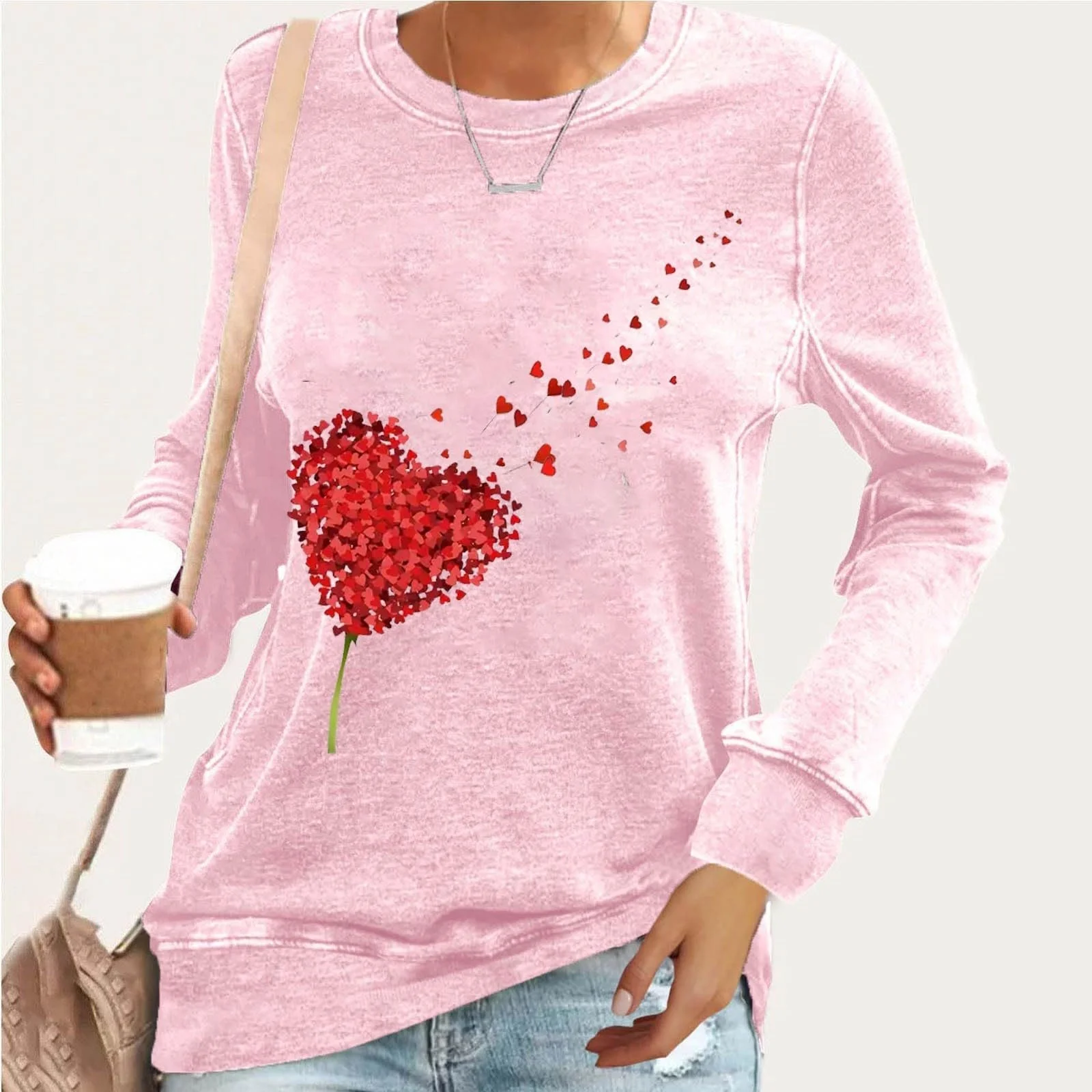 Худи tsaChick Женская на День Святого Валентина С принтом Модная Свободная Повседневная Толстовка с длинными рукавами Без капюшона Красный Флис, фото №2