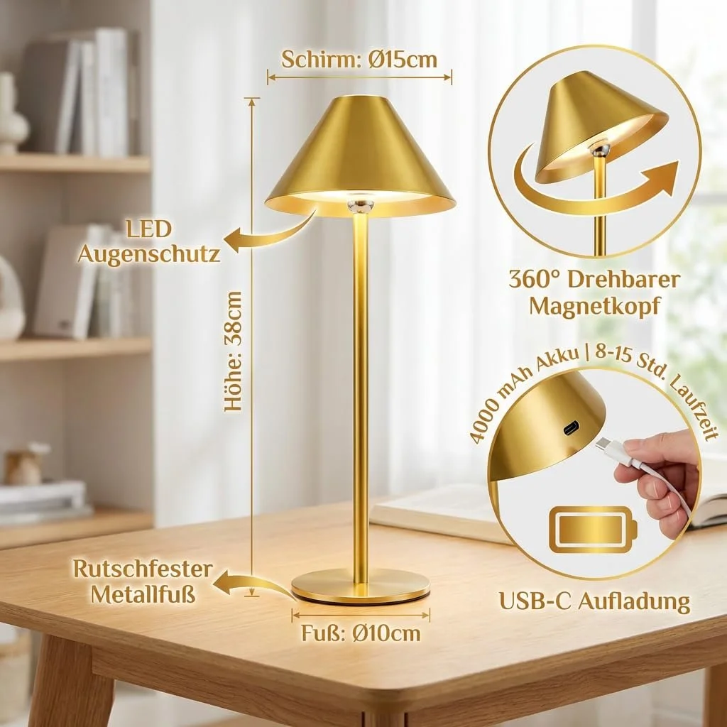 Настільна лампа LED бездротова магнітна поворотна 360° акумуляторна 4000 мАг димована 3 кольори Золота, фото №4