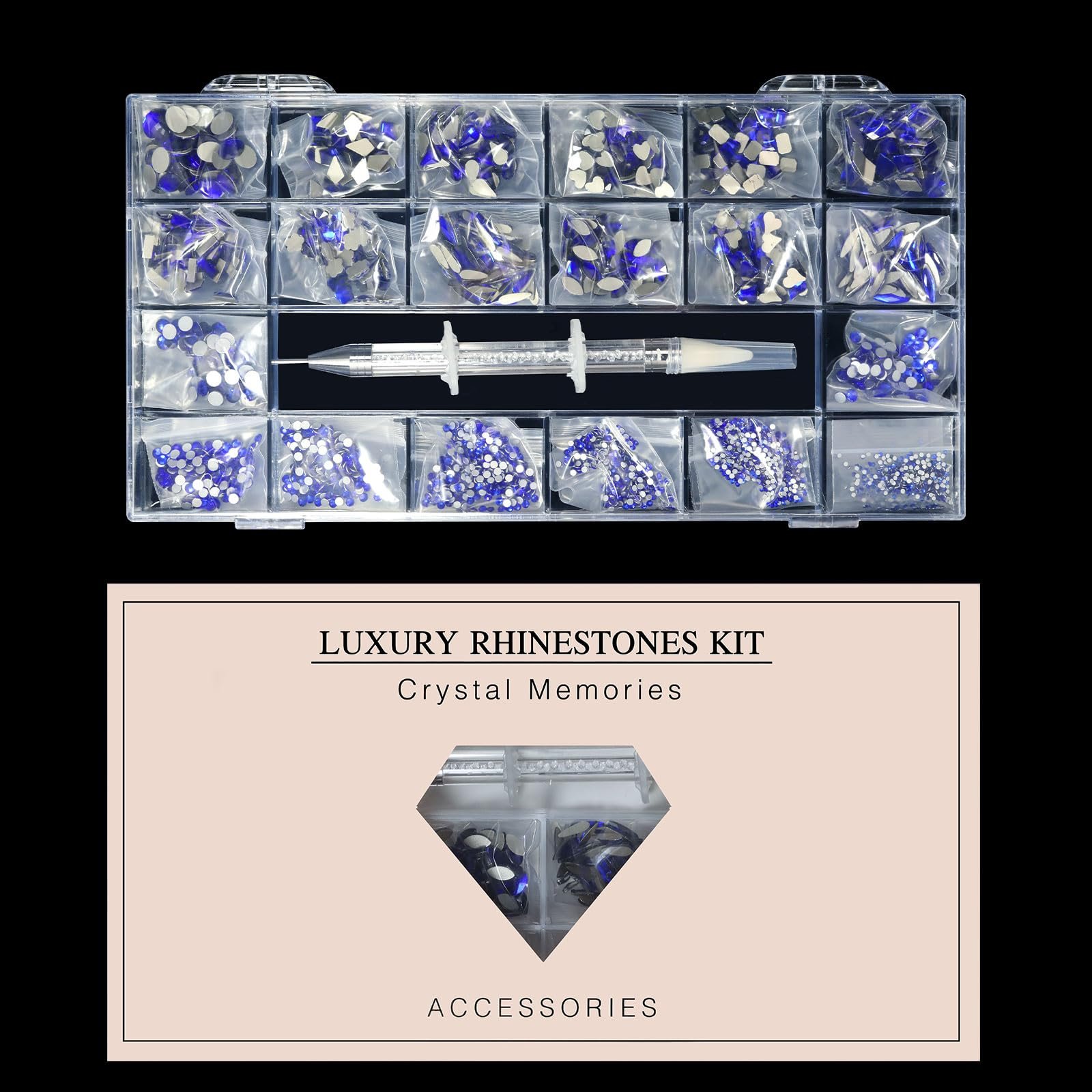 Микс Стразы Типы 12 Blue 600 Бриллианты + 2500 Плоские Стразы Микс 20 Стилей Плоская Задняя часть DIY Craft Хрустальные Стразы 3D Украшения Плоские Камни Набор, фото №7