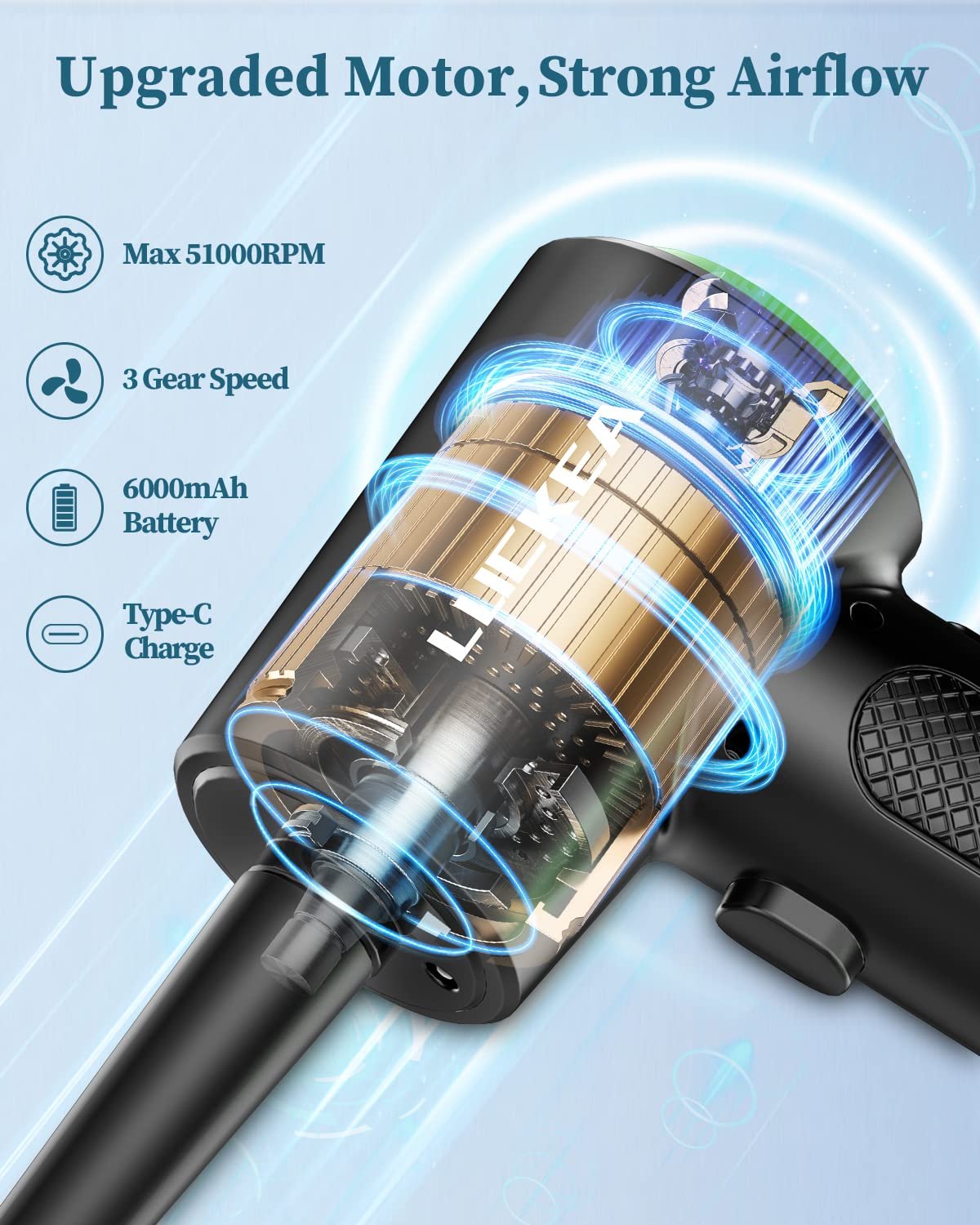 Электрическая воздуходувка LUCKEA 3 скорости LED-подсветка 5 насадок, фото №3