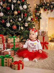 Святковий набір «моє перше Різдво» для дівчаток від 68 до 86 см: новорічний костюм боді, спідниця та пов'язка synthetic.ua - Фото 1